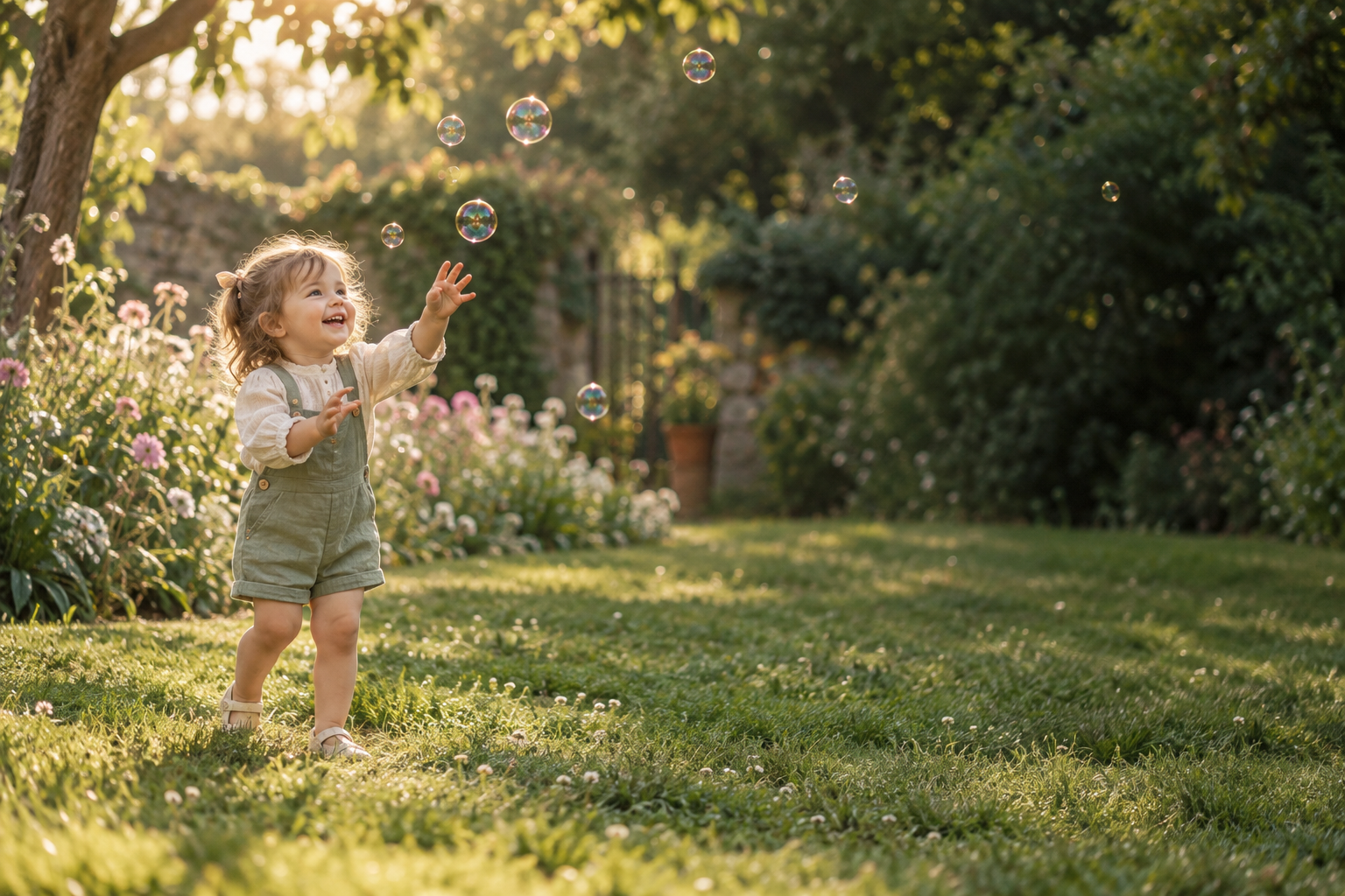 Criança pequena brincando com bolhas de sabão em um jardim iluminado pelo sol