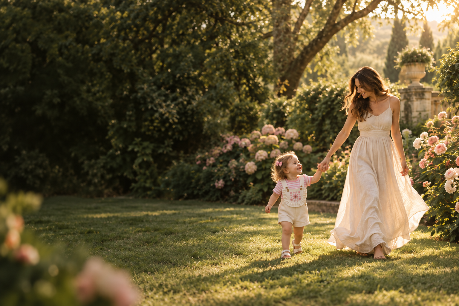 Mãe e criança brincando de mãos dadas em um jardim florido ao pôr do sol